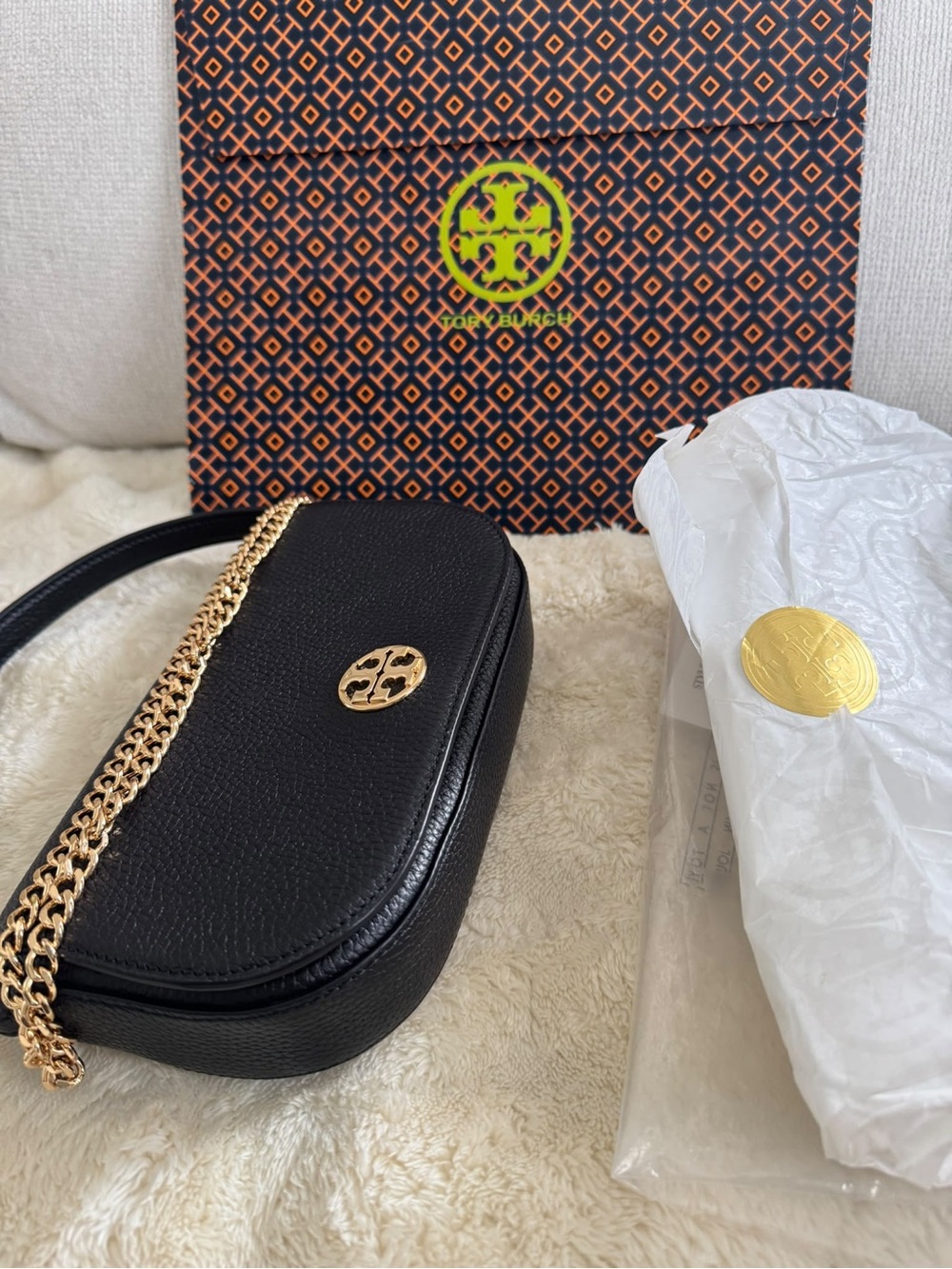 Tory Burch Black Pebbled Leather Crossbody with Gold Chain